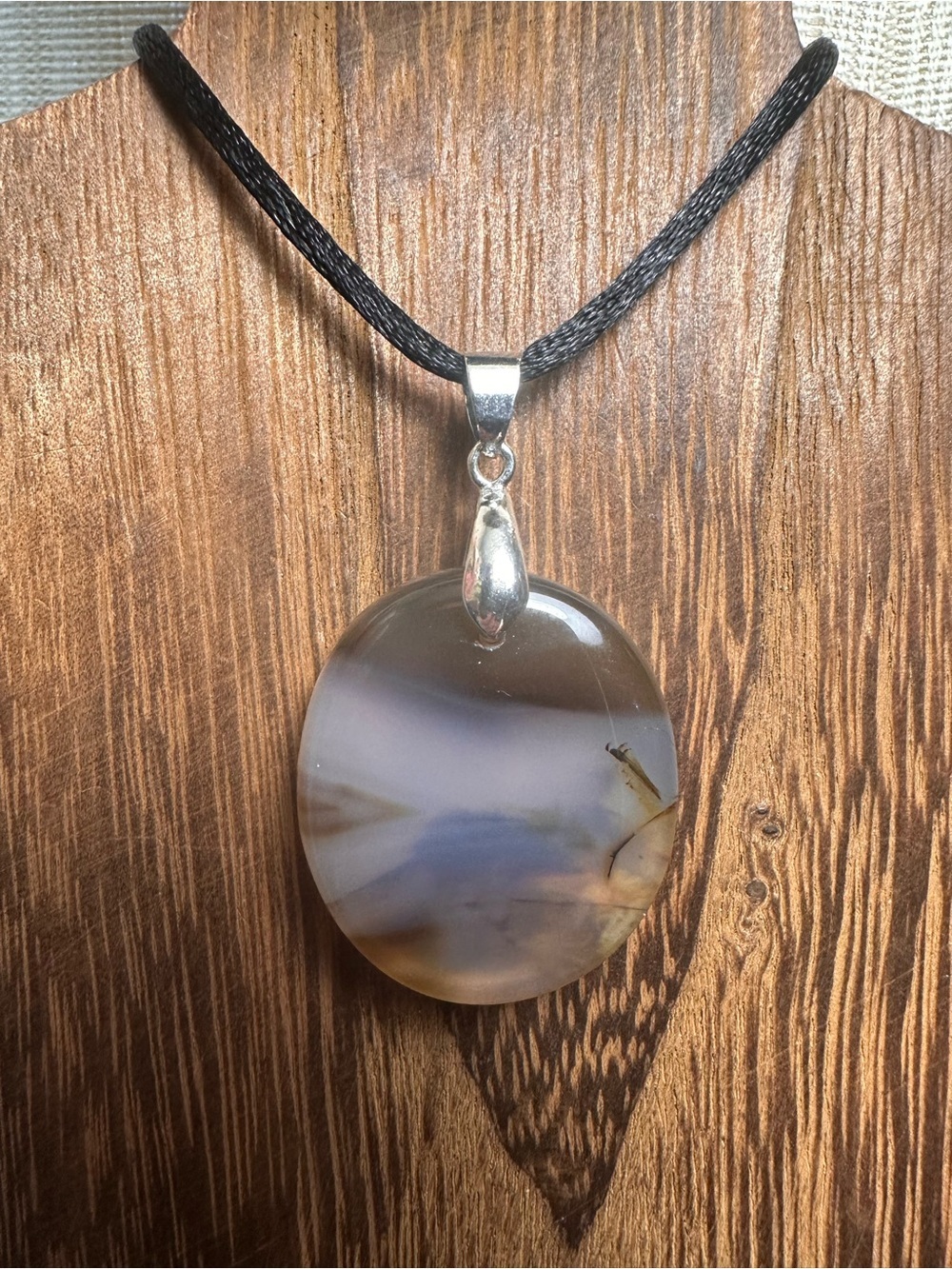 Oval Dendritic Agate Pendant Necklace on Black Satin Rope